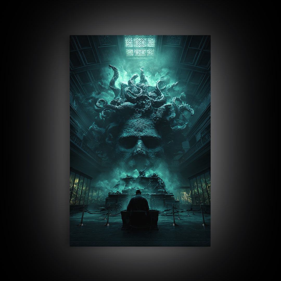 The Custodian Of The Whispering Idol, Vertical Wall Art, Lovecraftian Horror Art, Framed Canvas Print, Halloween Wall Decor