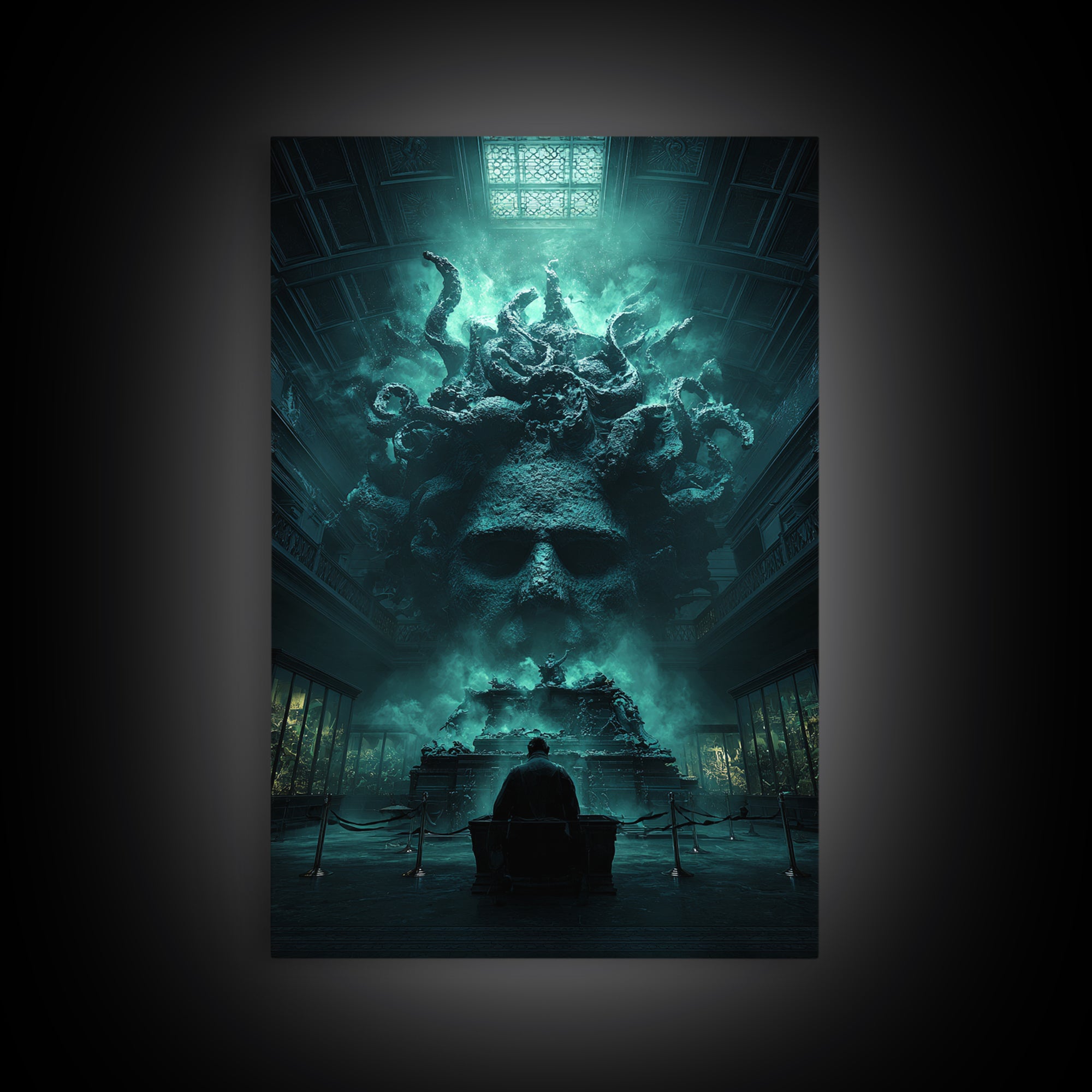 The Custodian Of The Whispering Idol, Vertical Wall Art, Lovecraftian Horror Art, Framed Canvas Print, Halloween Wall Decor