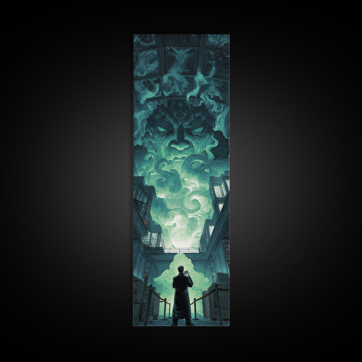 The Custodian Of The Whispering Idol, Tall Narrow Wall Art, Dark Halloween Decor, Framed Canvas Print, Halloween Wall Decor