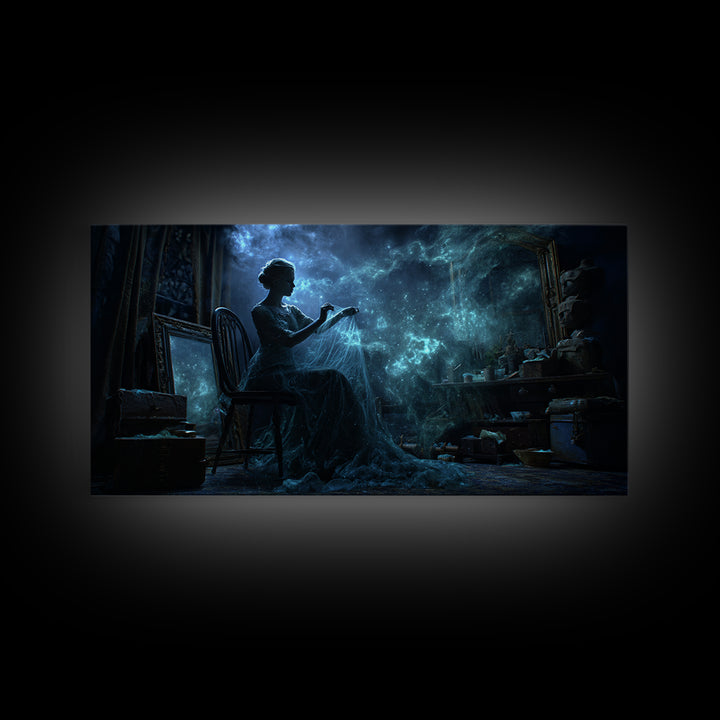 The Seamstress Of Living Nebulae, Wide Panoramic Art, Haunted Gothic Art, Canvas Print, Halloween Wall Decor, Gothic Home Decor