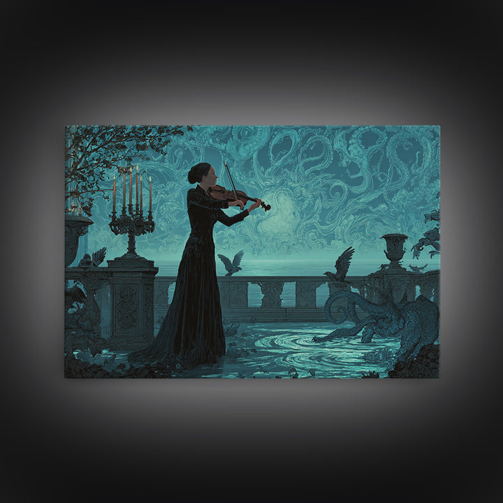 The Violinist Of The Drowned Moon, Landscape Wall Art, Gothic Horror Wall Art, Framed Canvas Print, Halloween Wall Decor, Gothic Home Decor