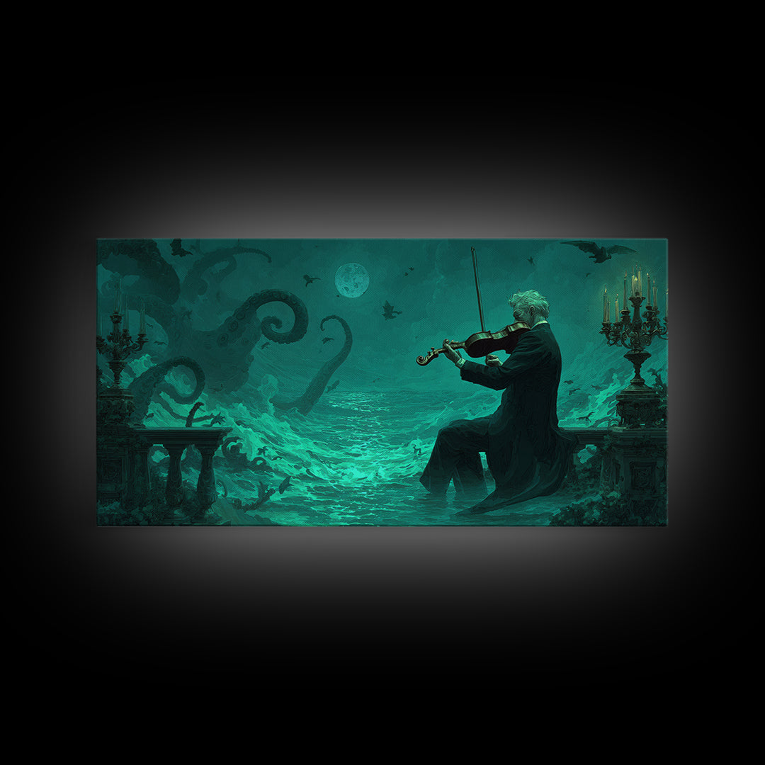 The Violinist Of The Drowned Moon, Wide Panoramic Art, Spooky Home Decor, Framed Canvas Print, Halloween Wall Decor, Gothic Home Decor