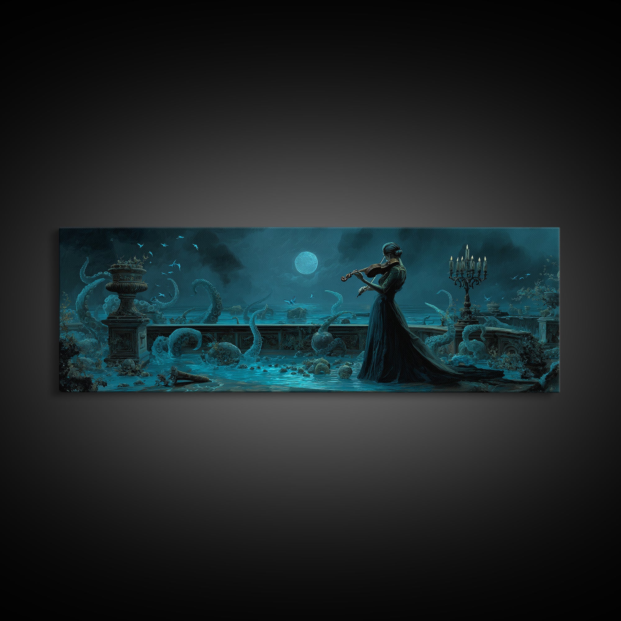 The Violinist Of The Drowned Moon, Extra Wide Wall Art, Haunted Gothic Art, Framed Canvas Print, Halloween Wall Decor, Gothic Home Decor