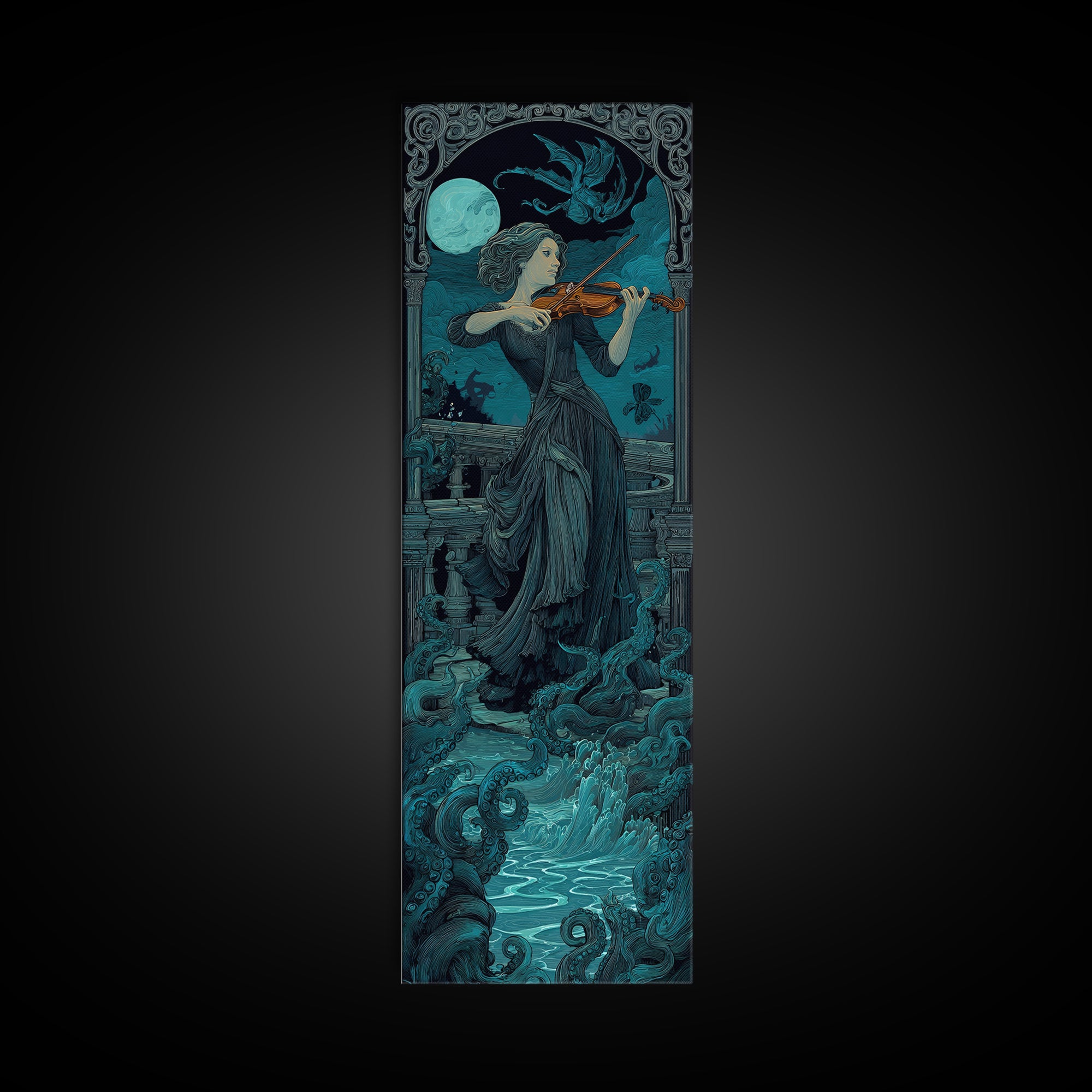 The Violinist Of The Drowned Moon, Tall Narrow Wall Art, Spooky Home Decor, Canvas Print, Halloween Wall Decor, Gothic Home Decor