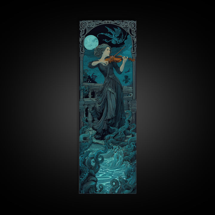 The Violinist Of The Drowned Moon, Tall Narrow Wall Art, Spooky Home Decor, Canvas Print, Halloween Wall Decor, Gothic Home Decor