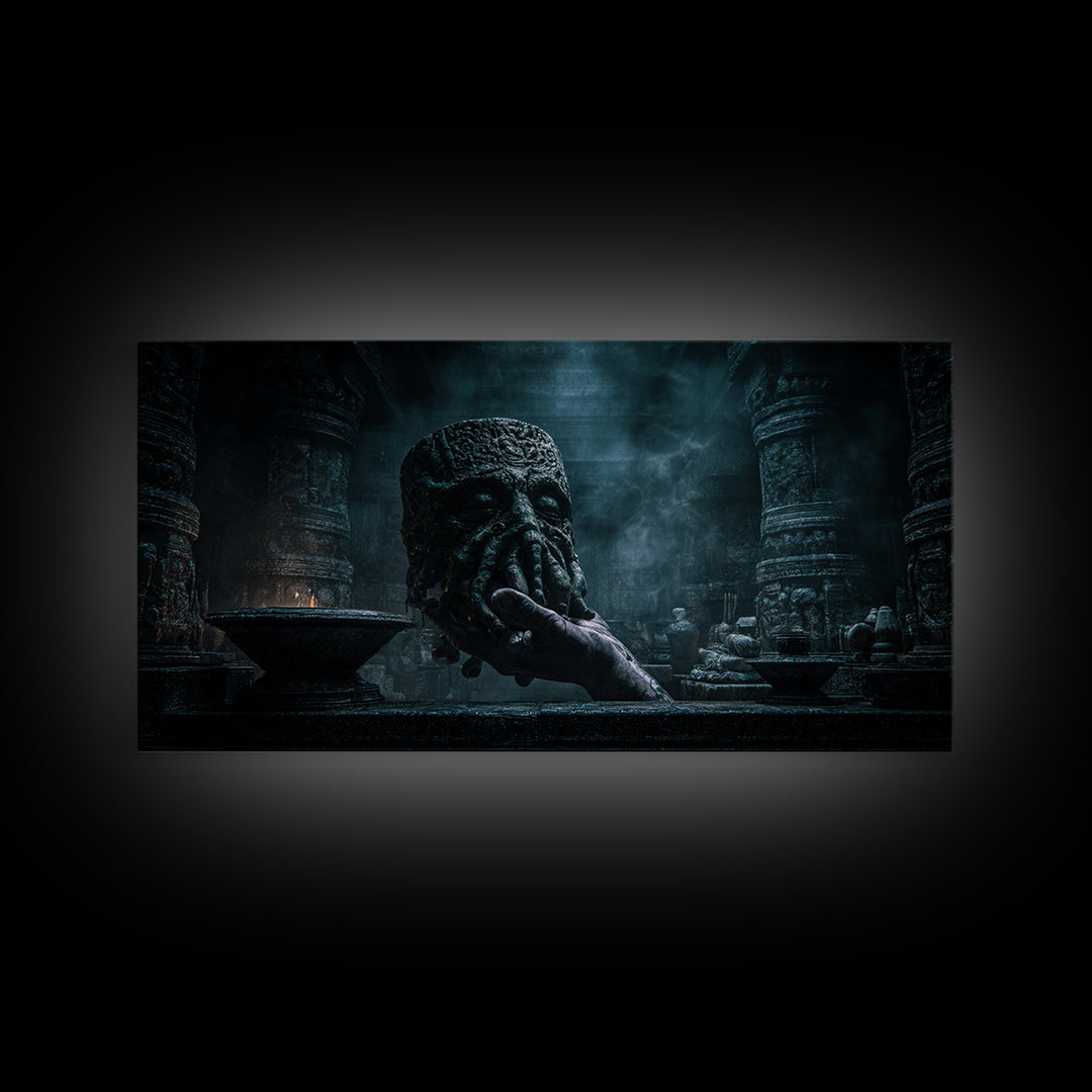 The Mask Of The Crawling God, Wide Panoramic Art, Lovecraftian Horror Art, Canvas Print, Halloween Wall Decor, Gothic Home Decor