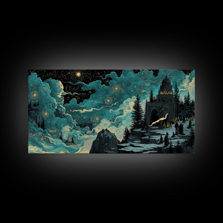 The Candelit Ark Of Forgotten Stars, Wide Panoramic Art, Haunted Gothic Art, Canvas Print, Halloween Wall Decor, Gothic Home Decor