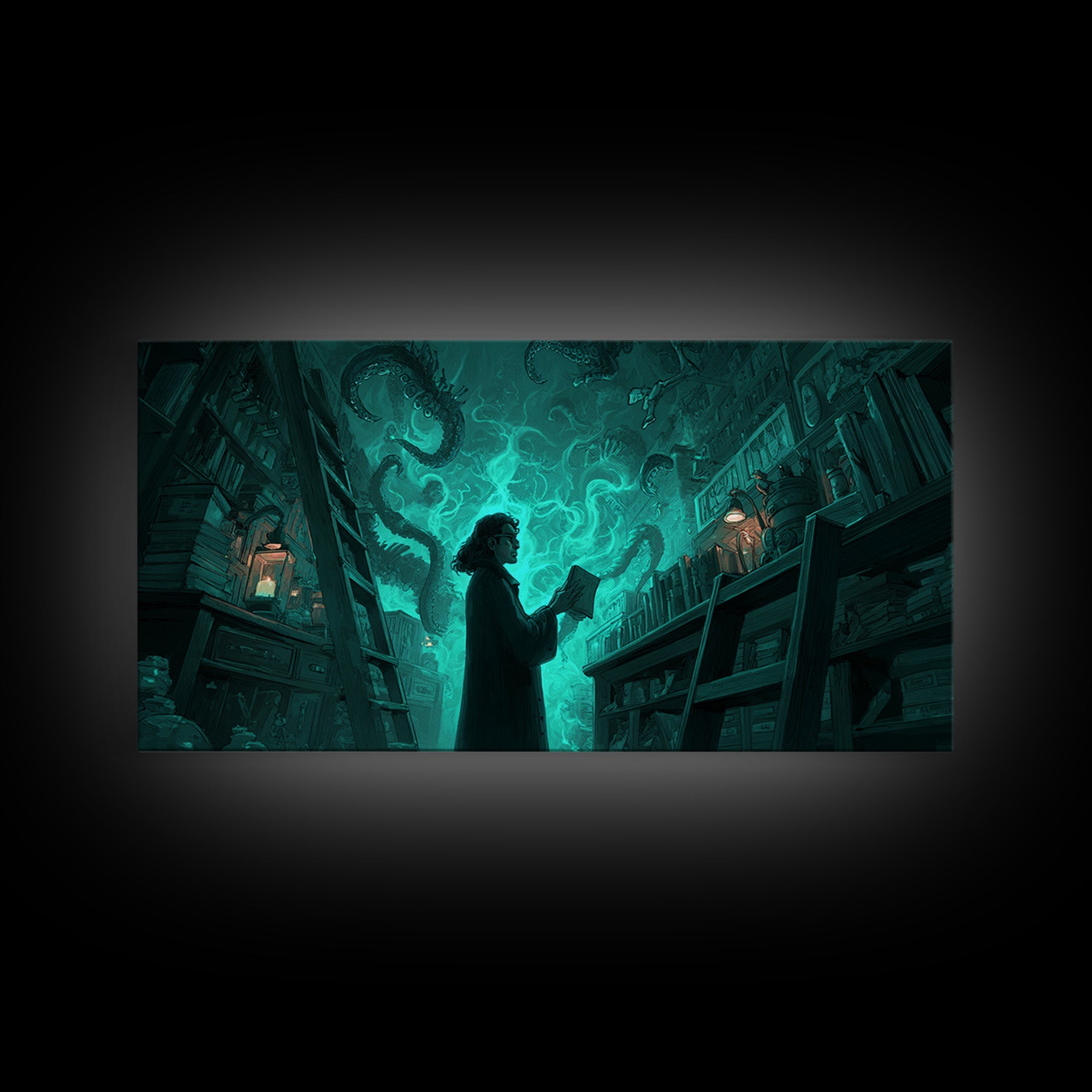 The Archivist Of Dreaming Bones, Wide Panoramic Art, Gothic Horror Wall Art, Framed Canvas Print, Halloween Wall Decor, Gothic Home Decor