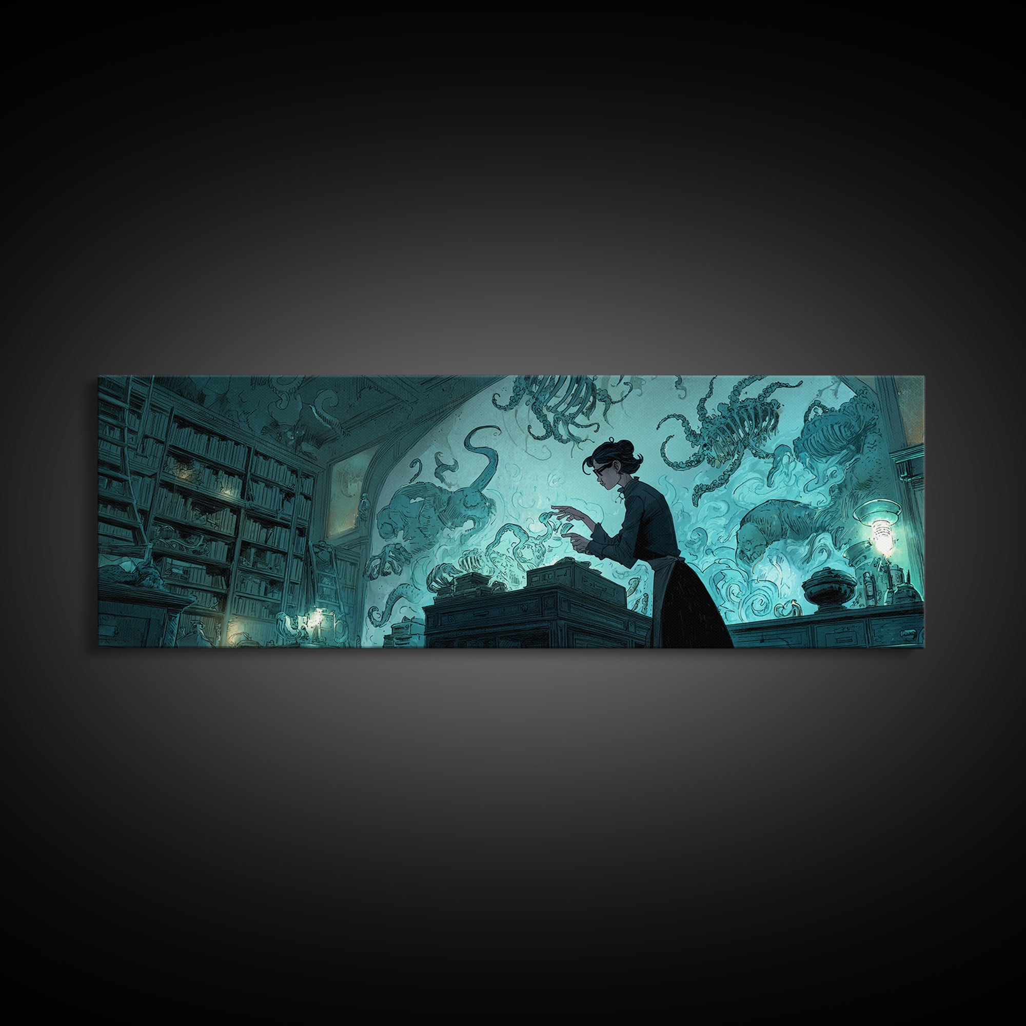 The Archivist Of Dreaming Bones, Extra Wide Wall Art, Dark Fantasy Wall Art, Canvas Print, Halloween Wall Decor, Gothic Home Decor