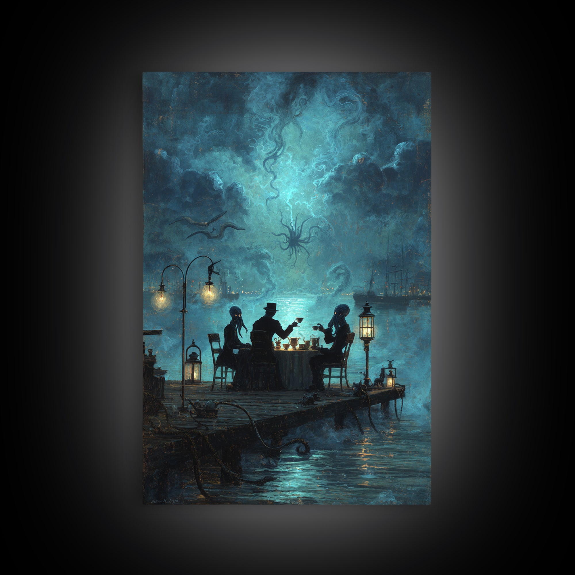 The Tea Party At Innsmouth Pier, Vertical Wall Art, Gothic Horror Wall Art, Canvas Print, Halloween Wall Decor, Gothic Home Decor