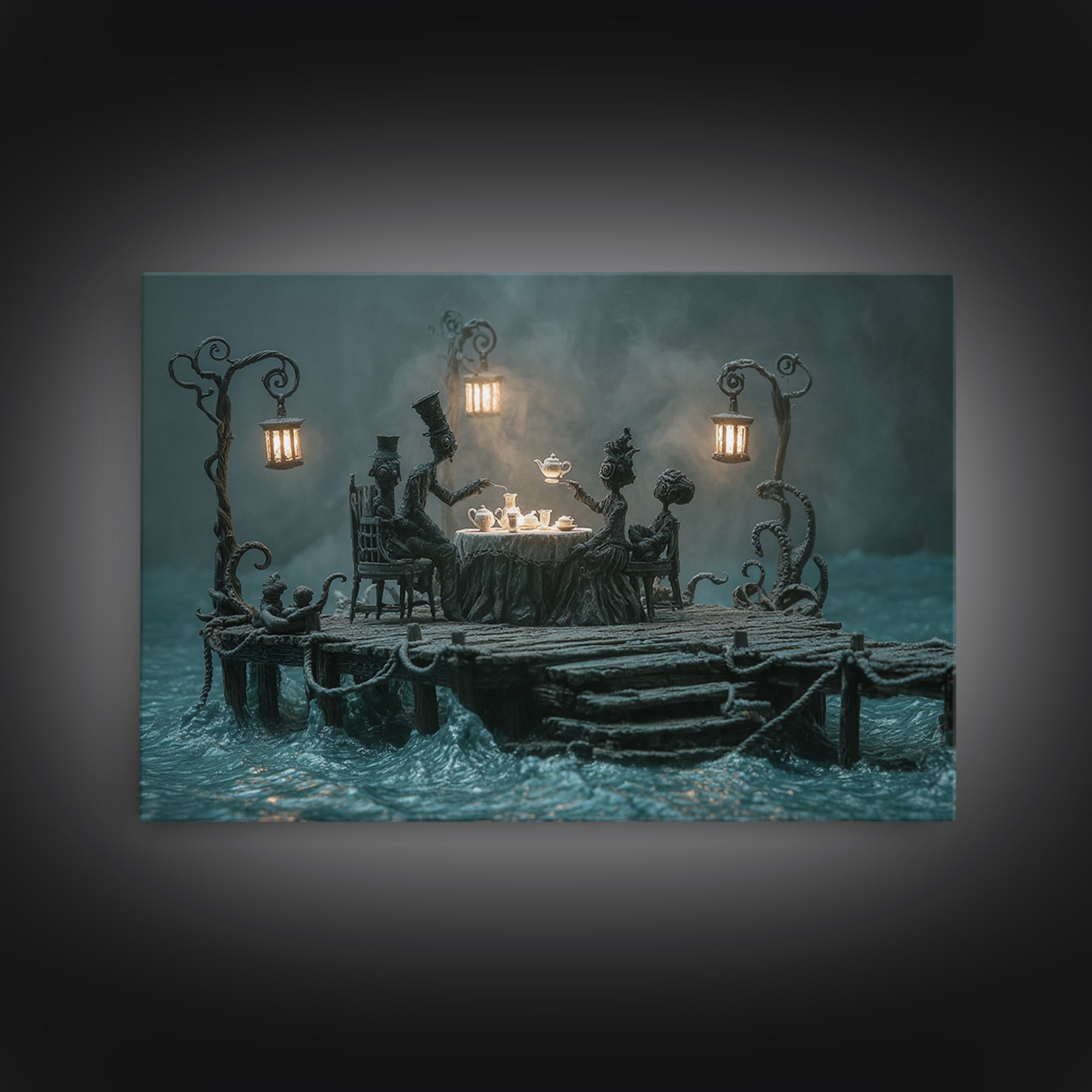 The Tea Party At Innsmouth Pier, Landscape Wall Art, Spooky Home Decor, Framed Canvas Print, Halloween Wall Decor, Gothic Home Decor