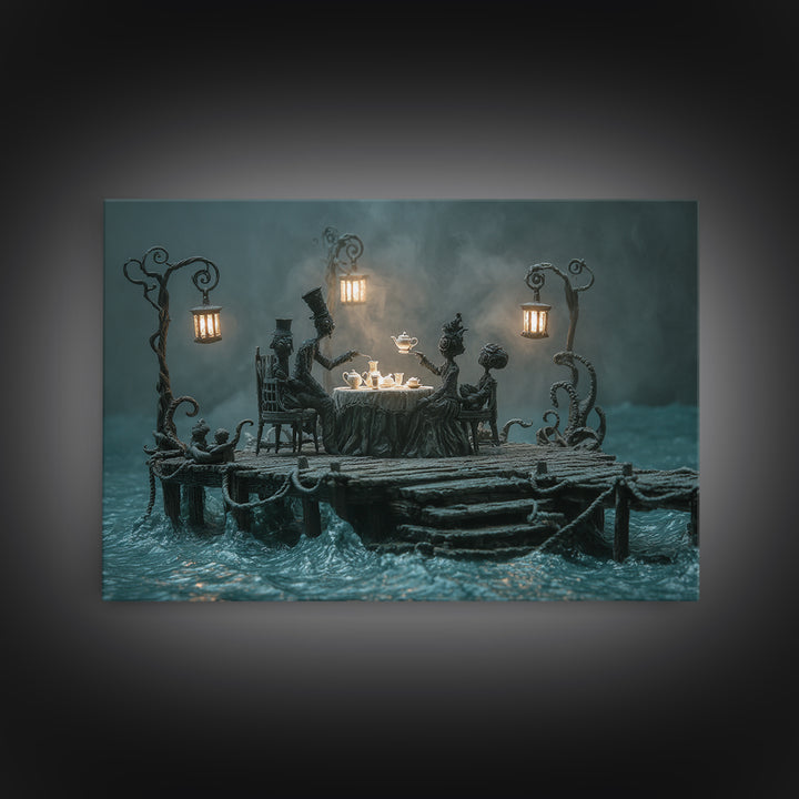 The Tea Party At Innsmouth Pier, Landscape Wall Art, Spooky Home Decor, Framed Canvas Print, Halloween Wall Decor, Gothic Home Decor