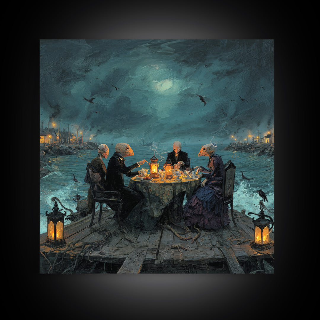 The Tea Party At Innsmouth Pier, Square Wall Art, Lovecraftian Horror Art, Framed Canvas Print, Halloween Wall Decor, Gothic Home Decor