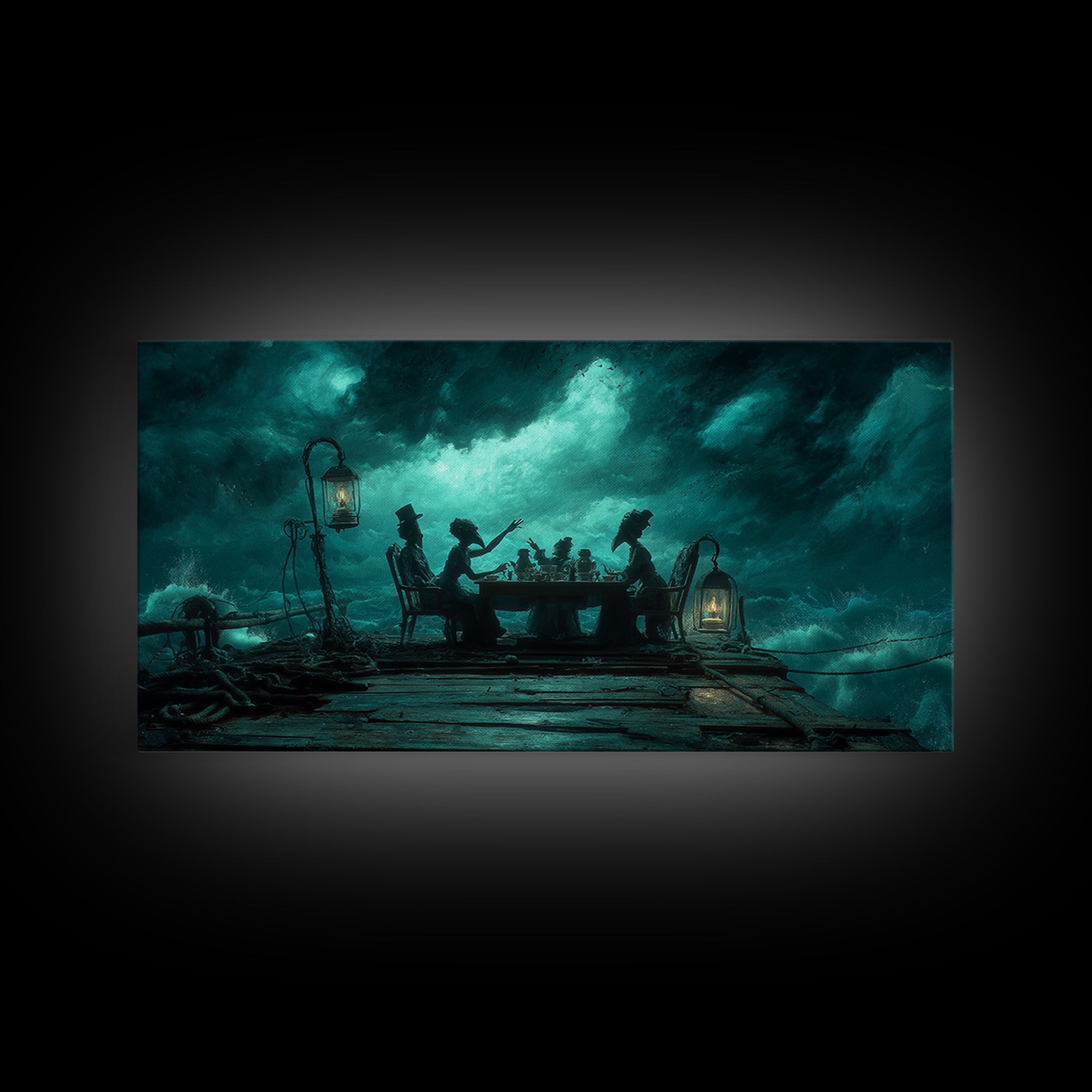 The Tea Party At Innsmouth Pier, Wide Panoramic Art, Haunted Gothic Art, Framed Canvas Print, Halloween Wall Decor, Gothic Home Decor
