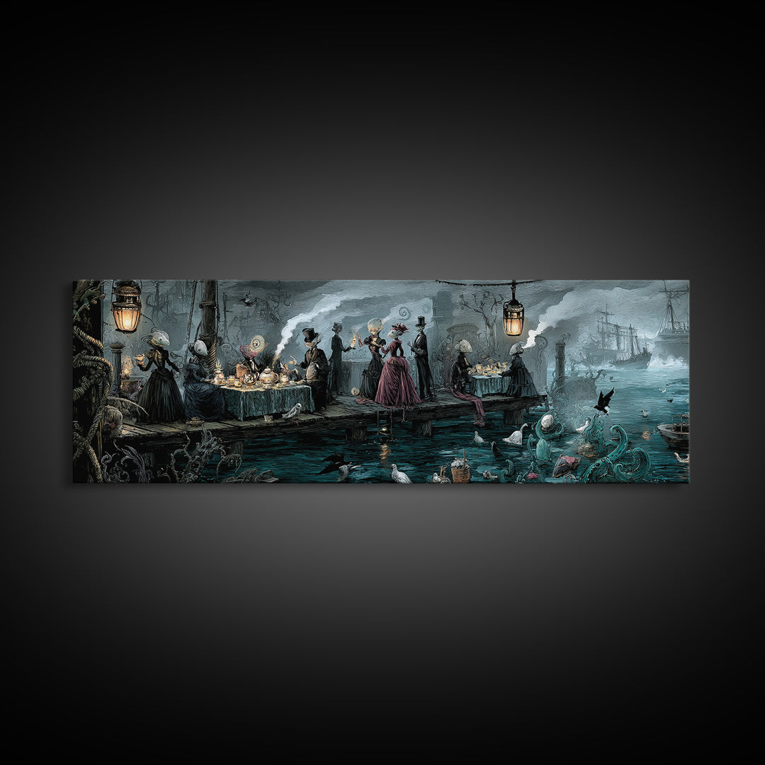 The Tea Party At Innsmouth Pier, Extra Wide Wall Art, Gothic Horror Wall Art, Framed Canvas Print, Halloween Wall Decor, Gothic Home Decor