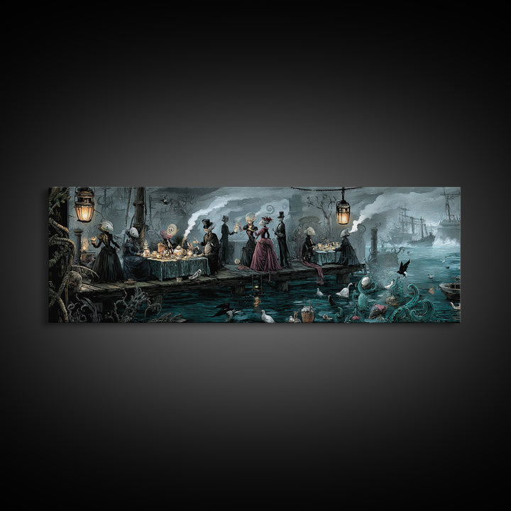 The Tea Party At Innsmouth Pier, Extra Wide Wall Art, Gothic Horror Wall Art, Framed Canvas Print, Halloween Wall Decor, Gothic Home Decor