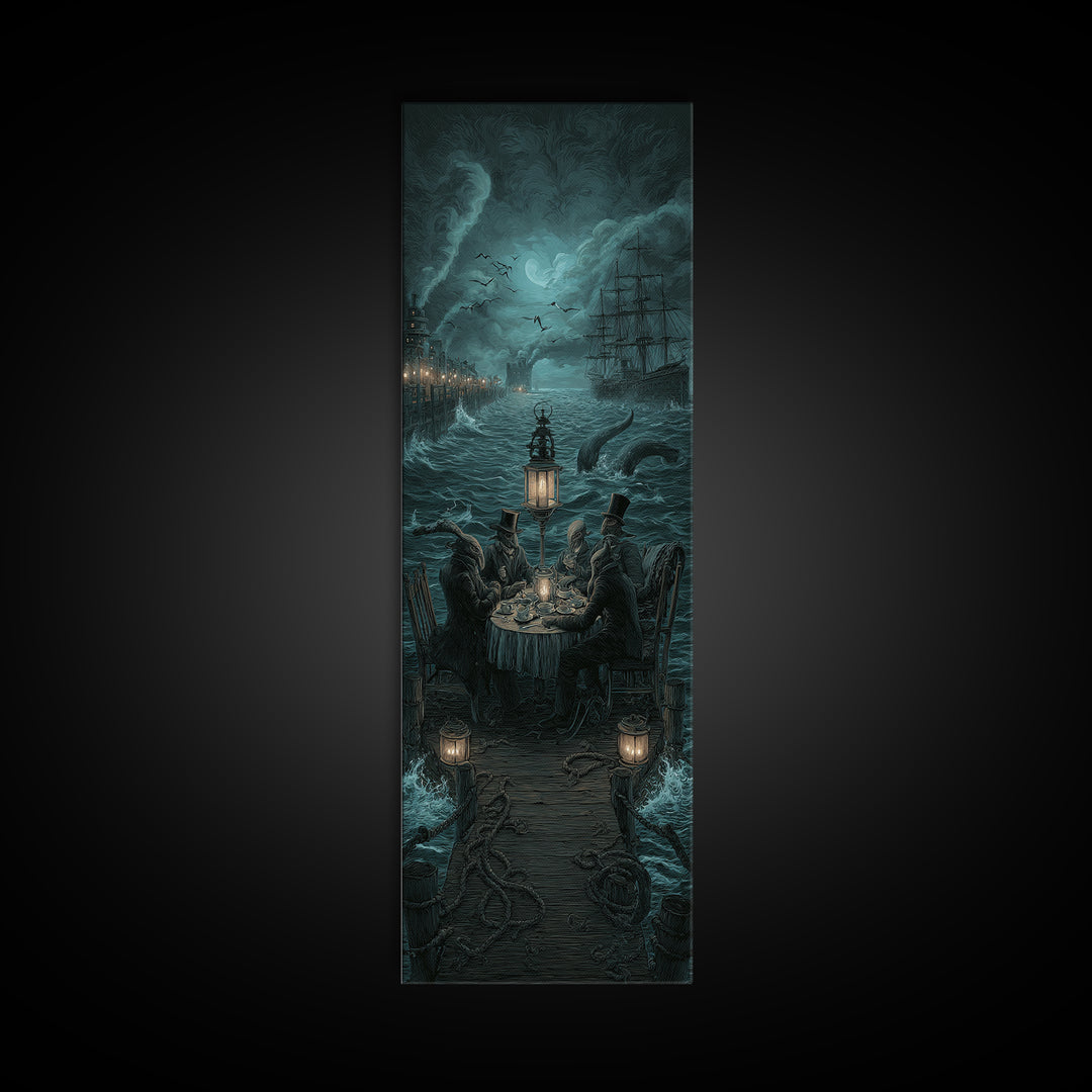 The Tea Party At Innsmouth Pier, Tall Narrow Wall Art, Dark Halloween Decor, Canvas Print, Halloween Wall Decor, Gothic Home Decor