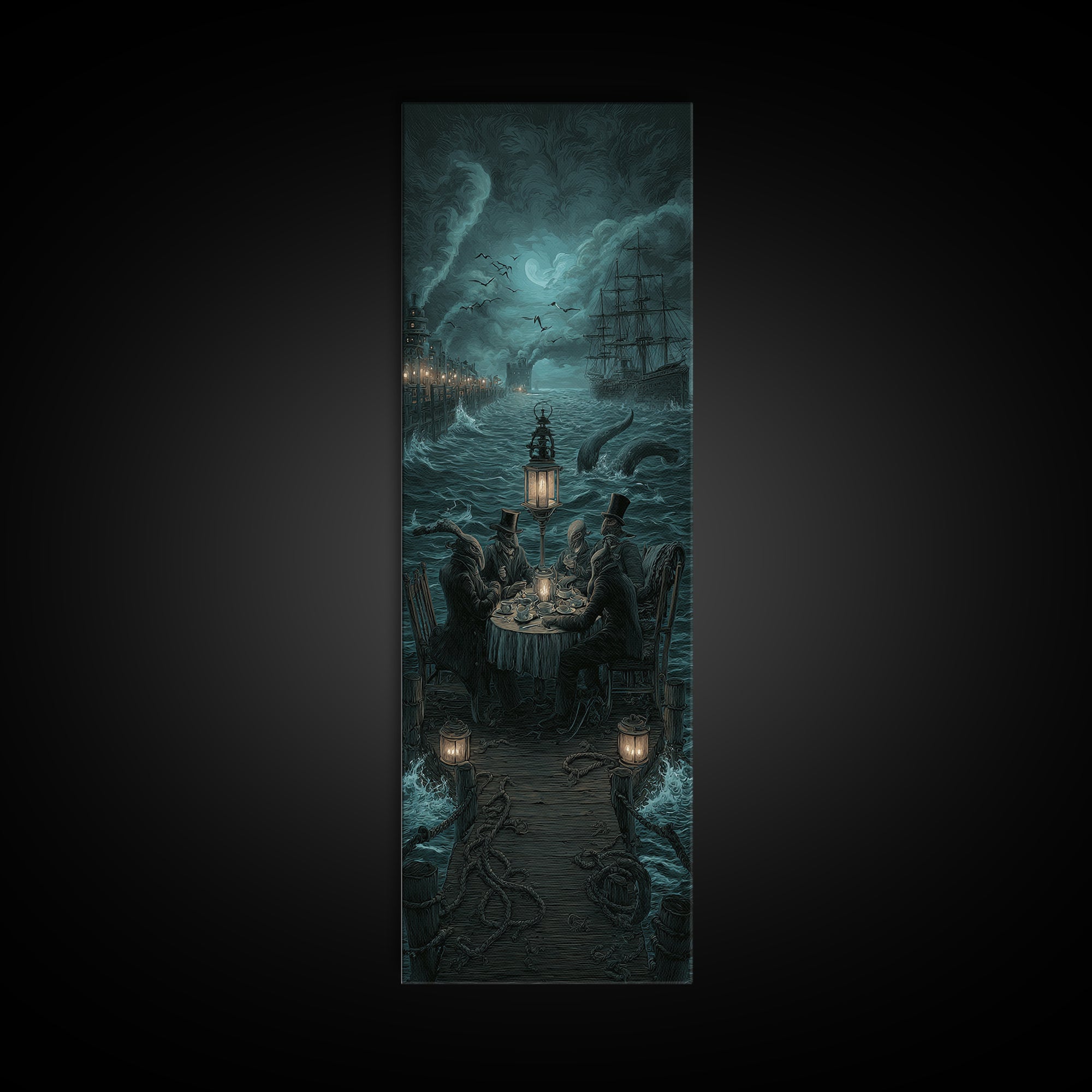 The Tea Party At Innsmouth Pier, Tall Narrow Wall Art, Dark Halloween Decor, Canvas Print, Halloween Wall Decor, Gothic Home Decor