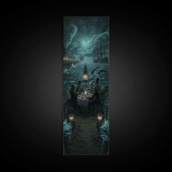 The Tea Party At Innsmouth Pier, Tall Narrow Wall Art, Dark Halloween Decor, Canvas Print, Halloween Wall Decor, Gothic Home Decor