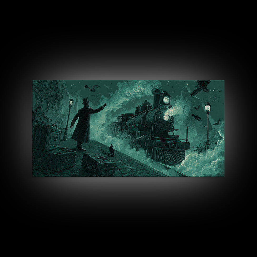 The Phantom Train To Kadath, Wide Panoramic Art, Macabre Wall Art, Framed Canvas Print, Halloween Wall Decor, Gothic Home Decor