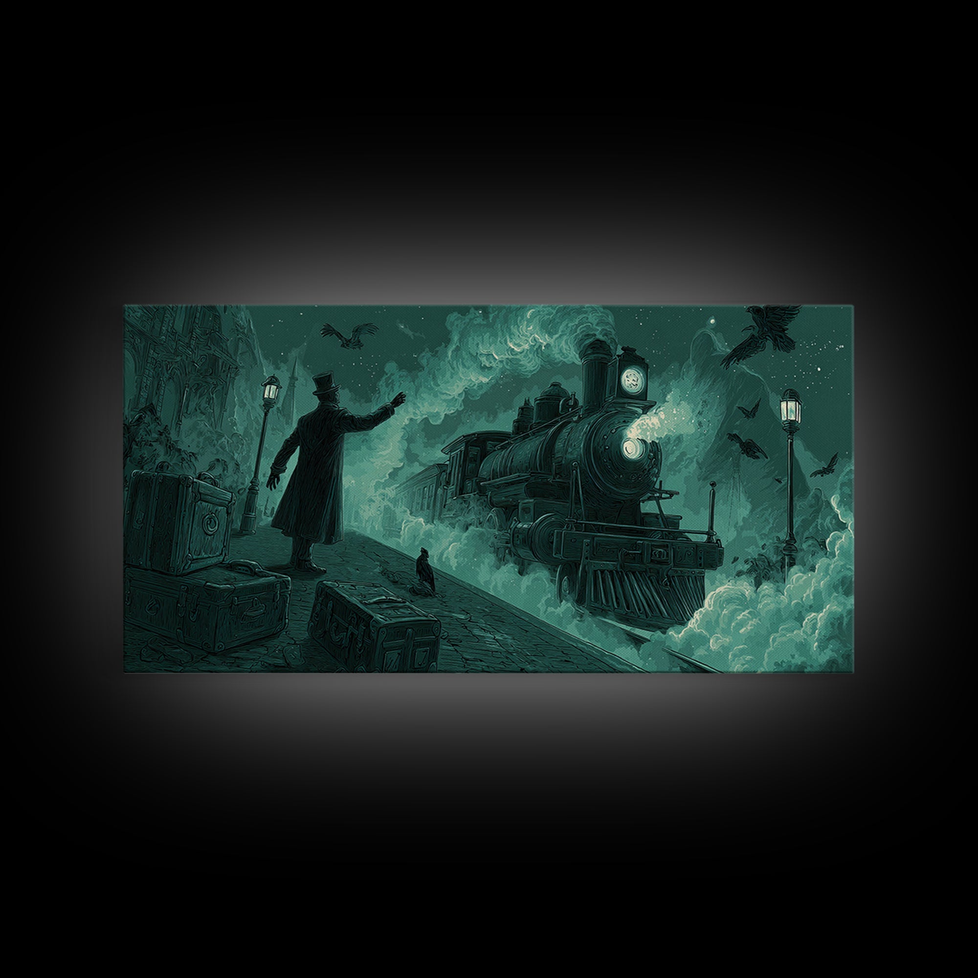 The Phantom Train To Kadath, Wide Panoramic Art, Macabre Wall Art, Framed Canvas Print, Halloween Wall Decor, Gothic Home Decor