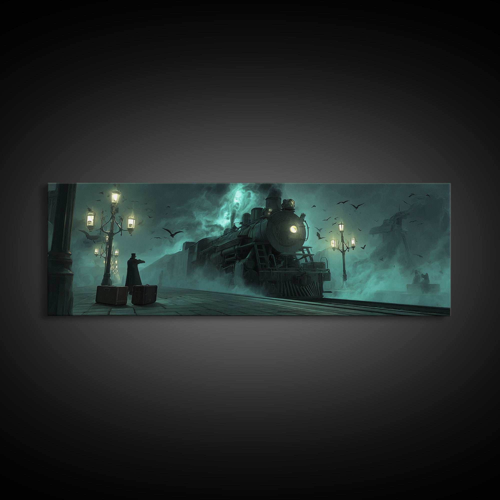 The Phantom Train To Kadath, Extra Wide Wall Art, Eldritch Gothic Decor, Canvas Print, Halloween Wall Decor, Gothic Home Decor