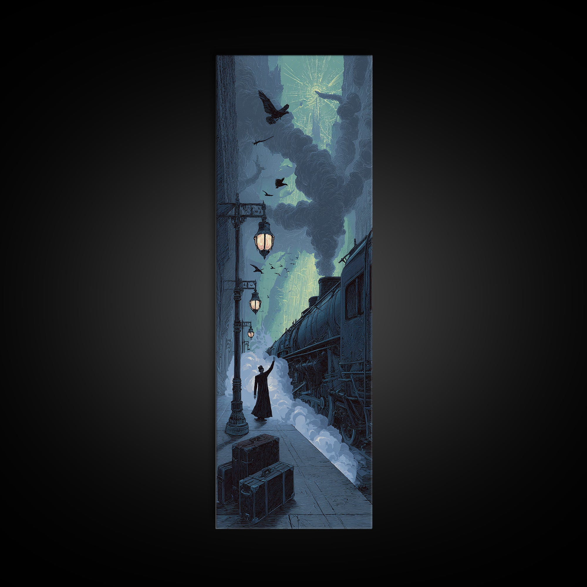 The Phantom Train To Kadath, Tall Narrow Wall Art, Haunted Gothic Art, Framed Canvas Print, Halloween Wall Decor, Gothic Home Decor