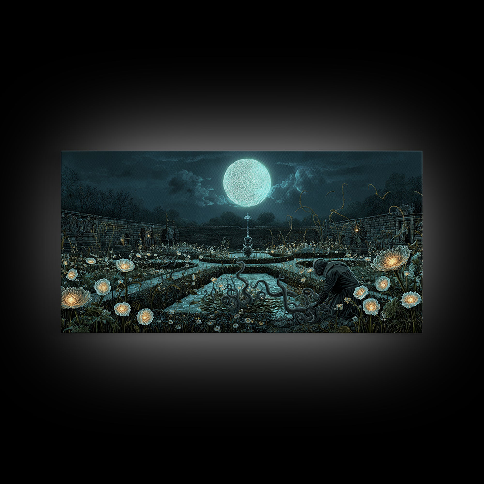 The Garden Of The Eyeless Moon, Wide Panoramic Art, Gothic Horror Wall Art, Canvas Print, Halloween Wall Decor, Gothic Home Decor