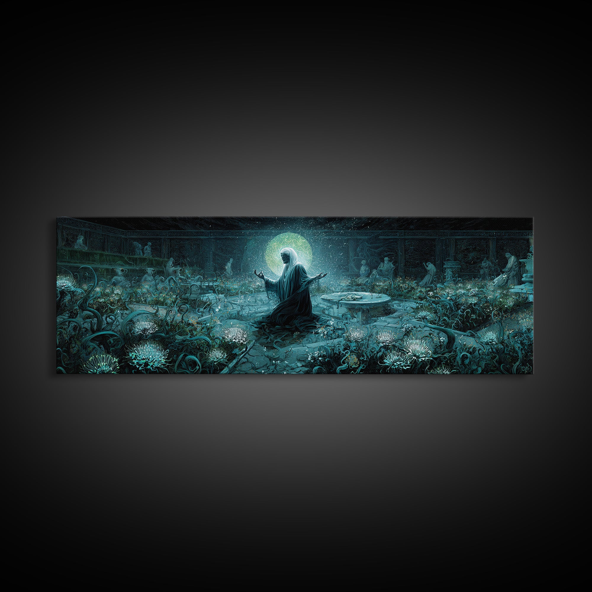 The Garden Of The Eyeless Moon, Extra Wide Wall Art, Eldritch Gothic Decor, Framed Canvas Print, Halloween Wall Decor, Gothic Home Decor