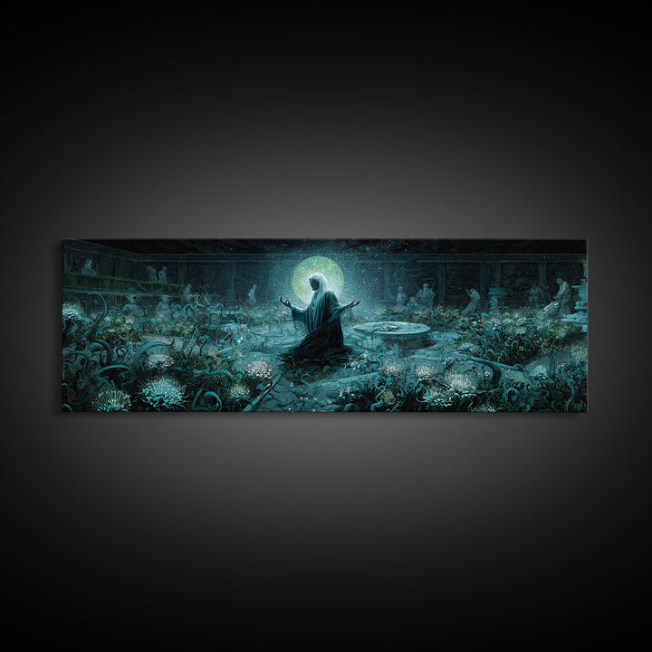 The Garden Of The Eyeless Moon, Extra Wide Wall Art, Eldritch Gothic Decor, Framed Canvas Print, Halloween Wall Decor, Gothic Home Decor
