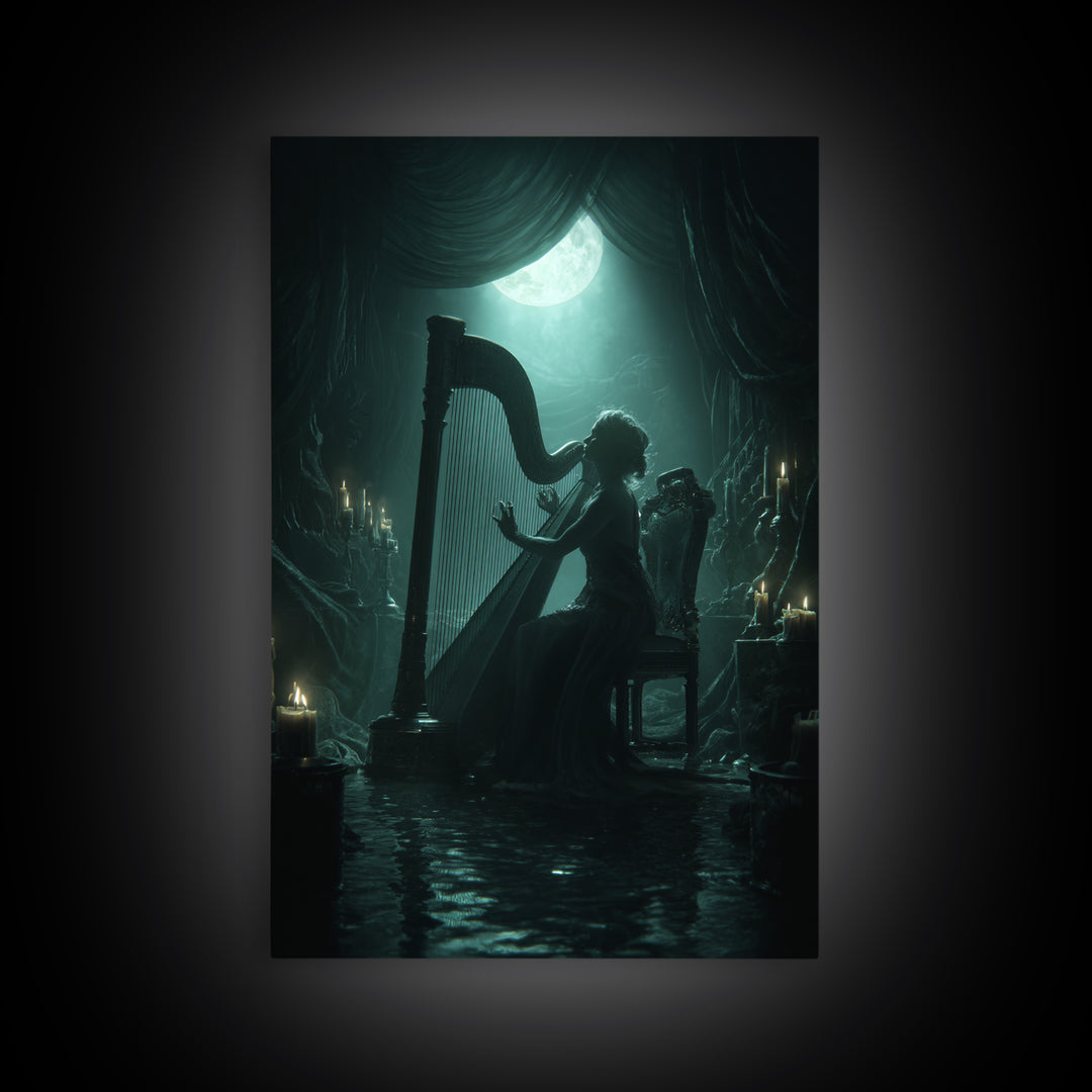 The Harpist Of Abyssal Sleep, Vertical Wall Art, Haunted Gothic Art, Canvas Print, Halloween Wall Decor, Gothic Home Decor