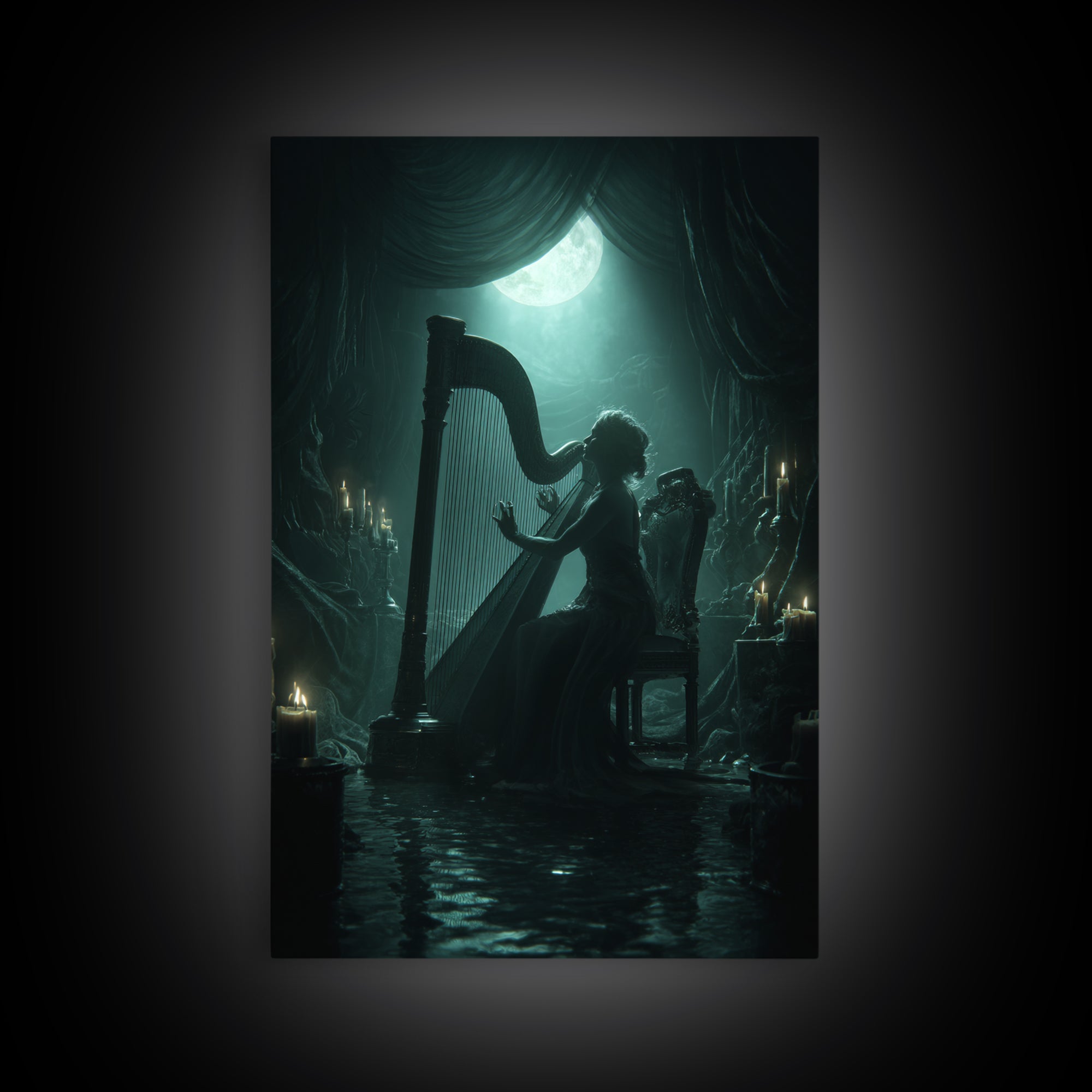 The Harpist Of Abyssal Sleep, Vertical Wall Art, Haunted Gothic Art, Canvas Print, Halloween Wall Decor, Gothic Home Decor