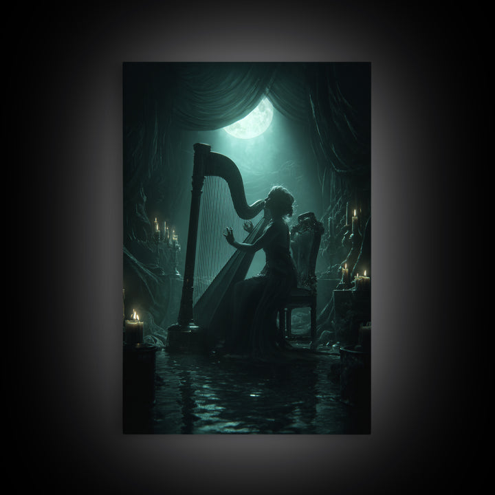 The Harpist Of Abyssal Sleep, Vertical Wall Art, Haunted Gothic Art, Canvas Print, Halloween Wall Decor, Gothic Home Decor
