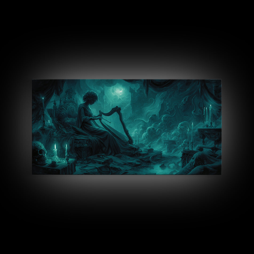 The Harpist Of Abyssal Sleep, Wide Panoramic Art, Lovecraftian Horror Art, Framed Canvas Print, Halloween Wall Decor, Gothic Home Decor