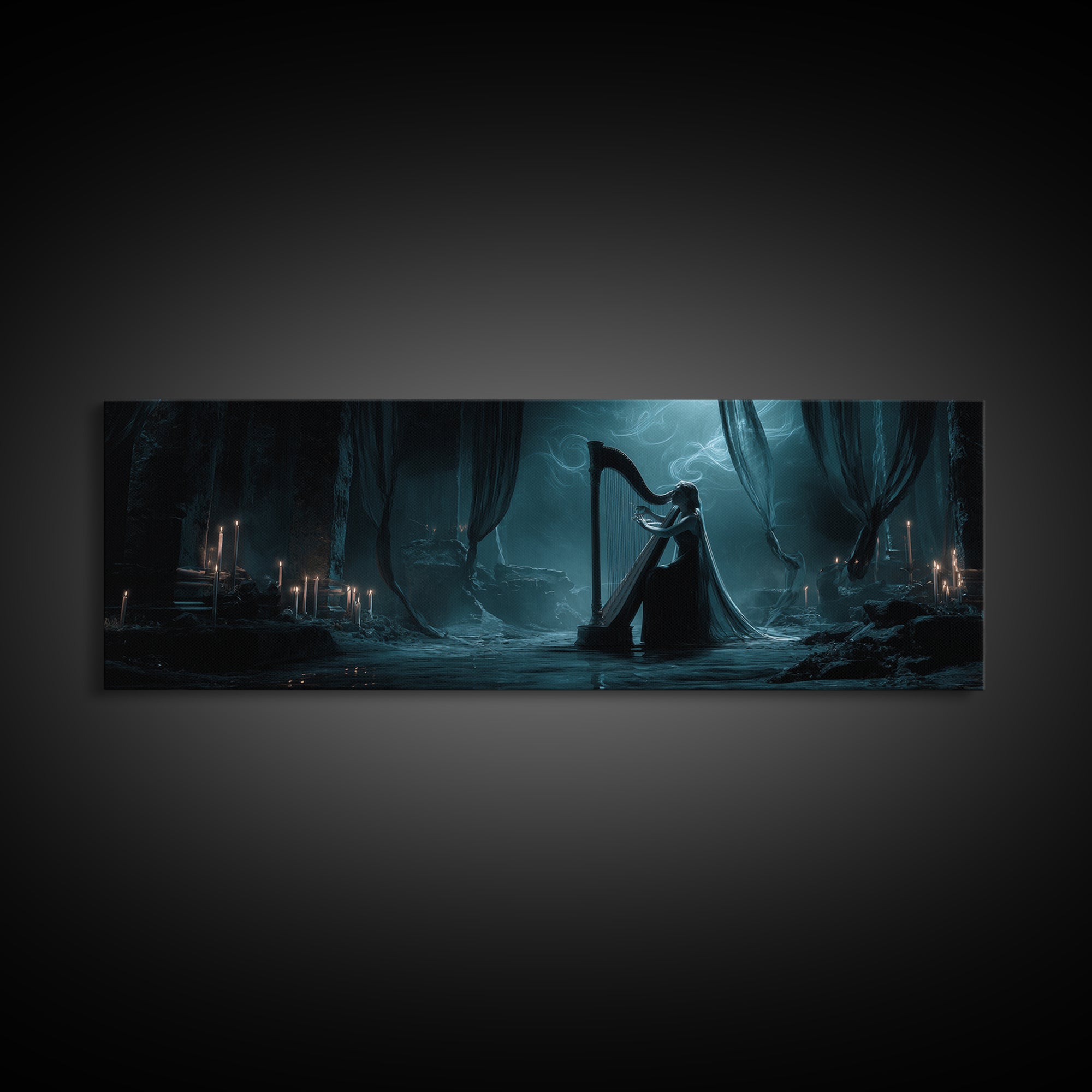 The Harpist Of Abyssal Sleep, Extra Wide Wall Art, Dark Fantasy Wall Art, Canvas Print, Halloween Wall Decor, Gothic Home Decor