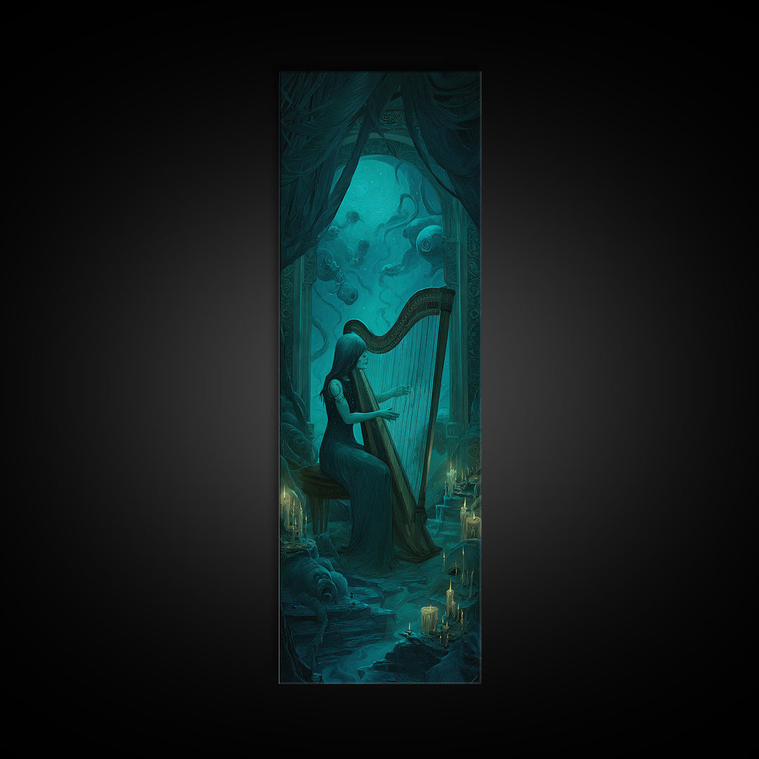 The Harpist Of Abyssal Sleep, Tall Narrow Wall Art, Dark Halloween Decor, Framed Canvas Print, Halloween Wall Decor, Gothic Home Decor