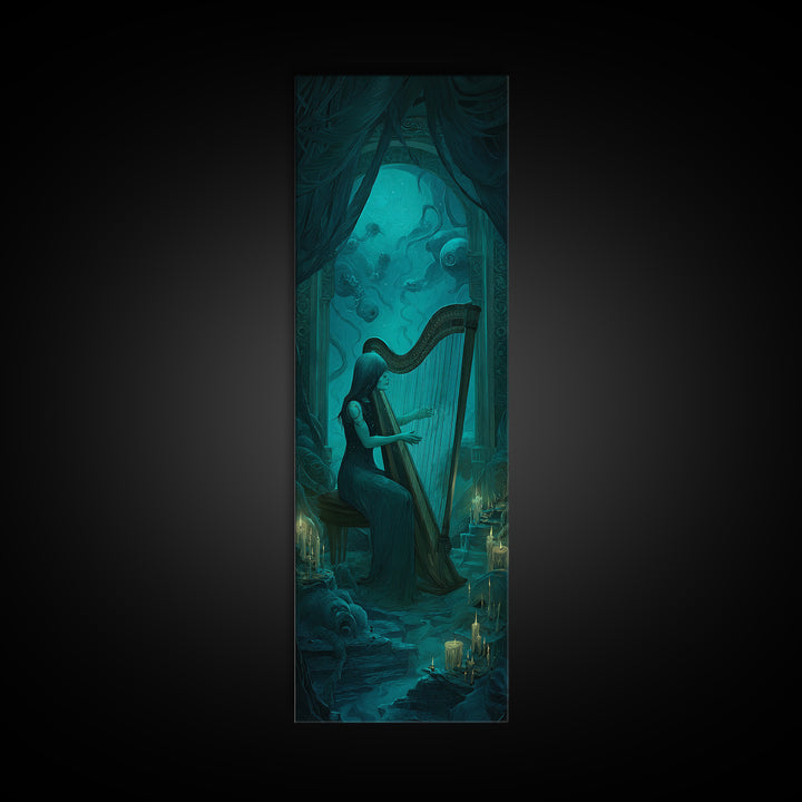 The Harpist Of Abyssal Sleep, Tall Narrow Wall Art, Dark Halloween Decor, Framed Canvas Print, Halloween Wall Decor, Gothic Home Decor