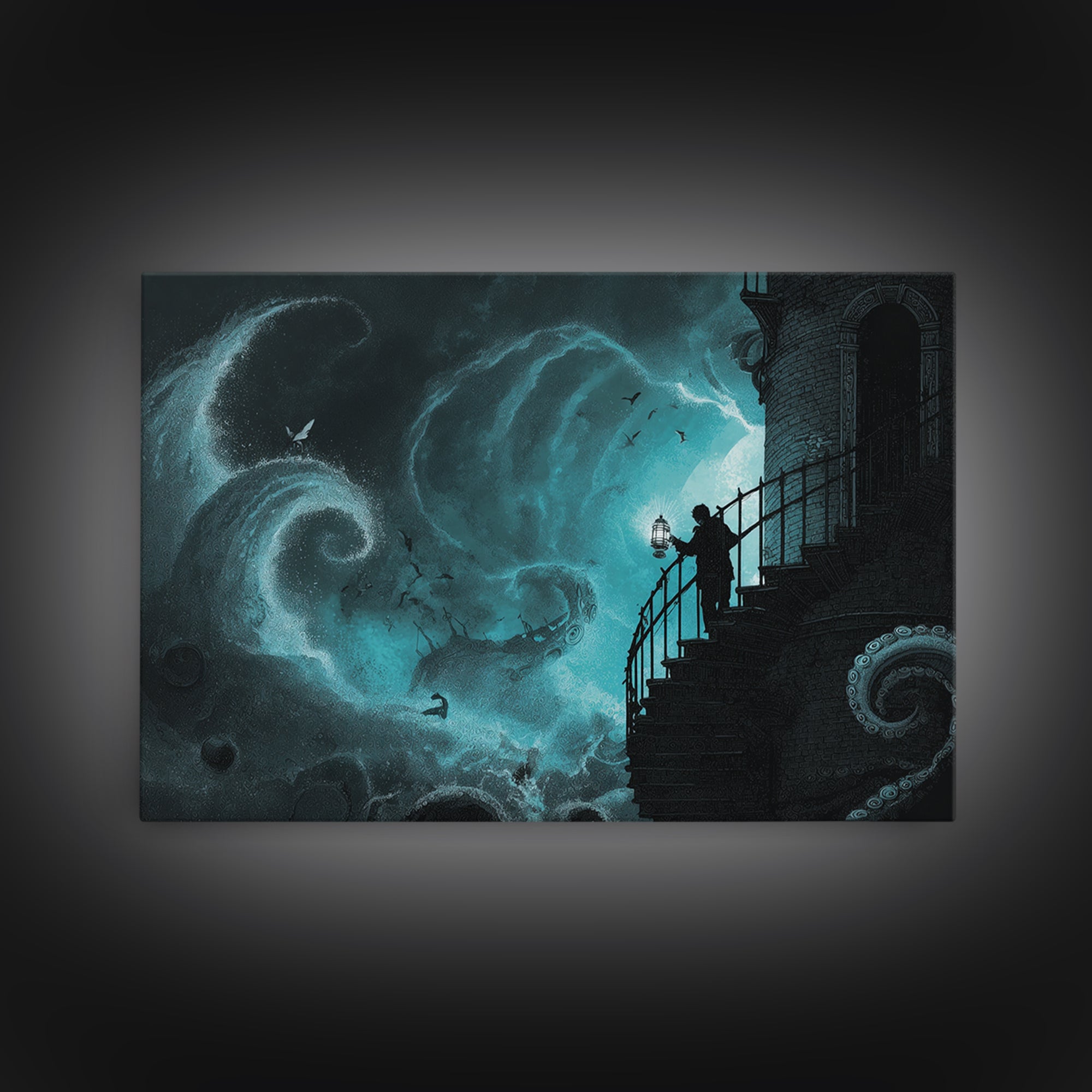 The Last Lighthouse Of Y’Ha-Nthlei, Landscape Wall Art, Macabre Wall Art, Framed Canvas Print, Halloween Wall Decor, Gothic Home Decor