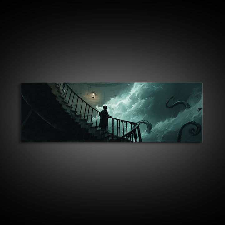 The Last Lighthouse Of Y’Ha-Nthlei, Extra Wide Wall Art, Lovecraftian Horror Art, Canvas Print, Halloween Wall Decor, Gothic Home Decor