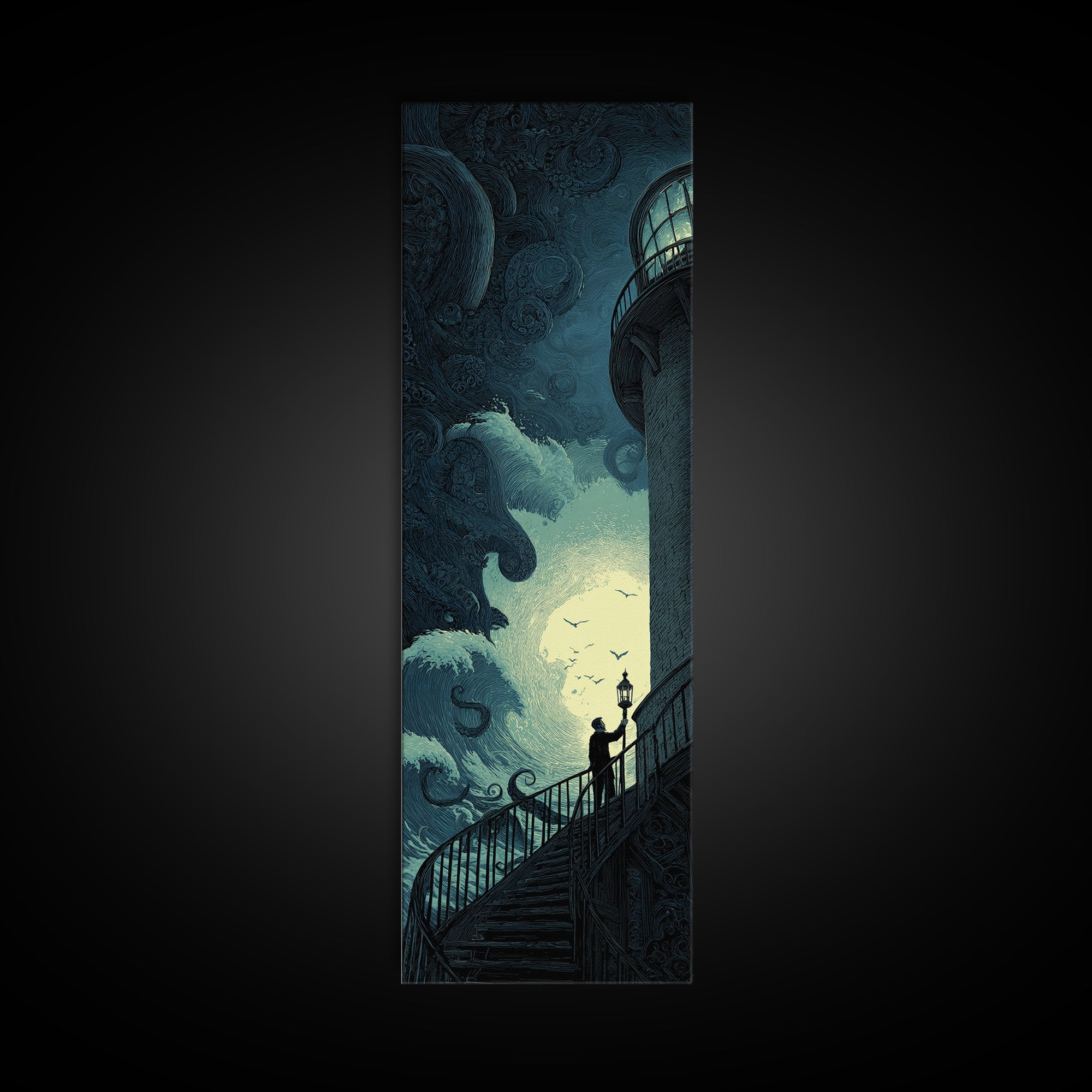 The Last Lighthouse Of Y’Ha-Nthlei, Tall Narrow Wall Art, Dark Fantasy Wall Art, Canvas Print, Halloween Wall Decor, Gothic Home Decor