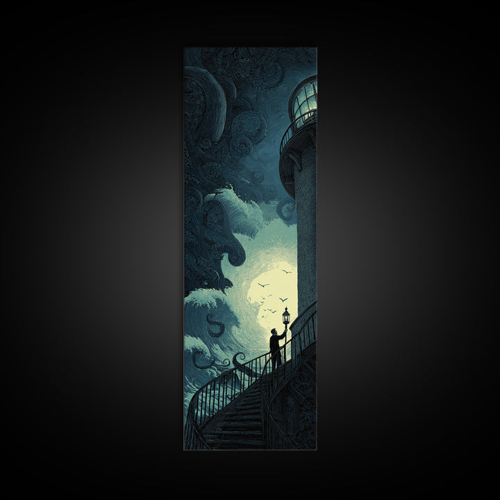 The Last Lighthouse Of Y’Ha-Nthlei, Tall Narrow Wall Art, Dark Fantasy Wall Art, Canvas Print, Halloween Wall Decor, Gothic Home Decor