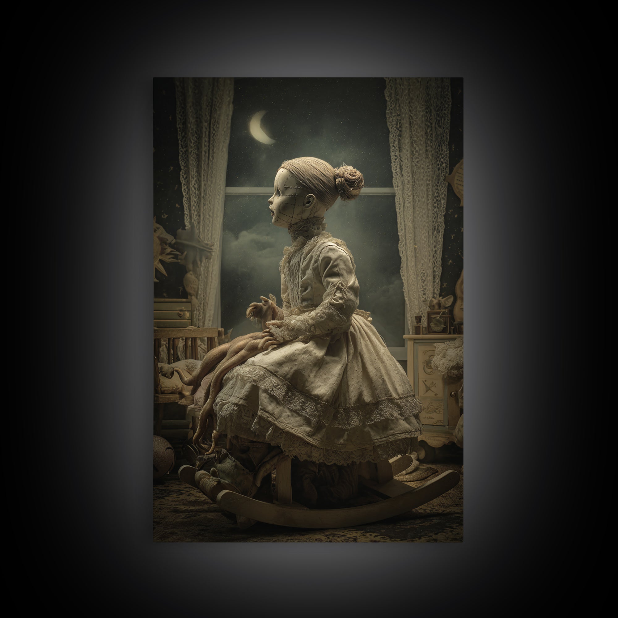 The Doll From Beyond The Void, Vertical Wall Art, Gothic Horror Wall Art, Framed Canvas Print, Halloween Wall Decor, Gothic Home Decor