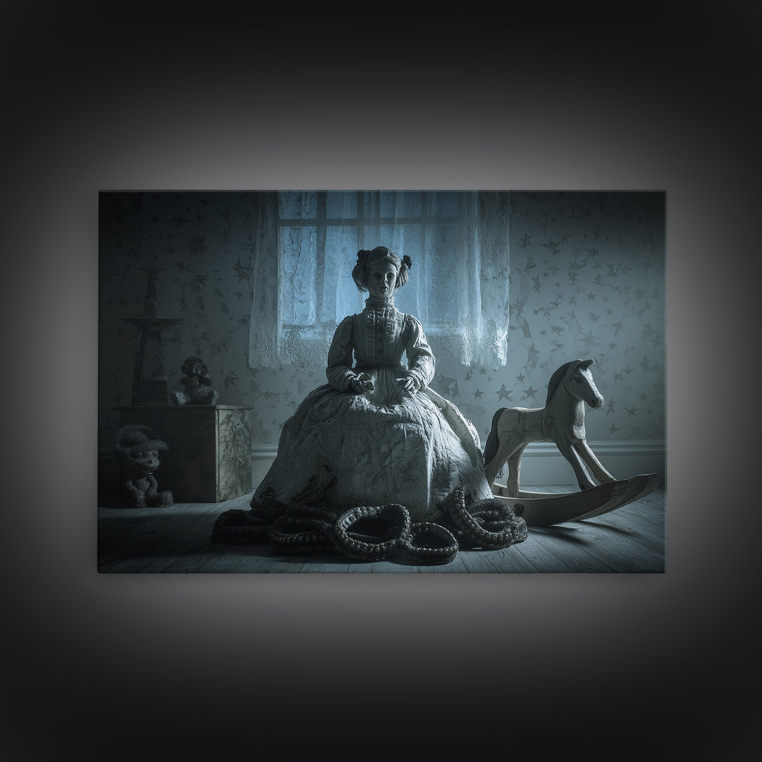 The Doll From Beyond The Void, Landscape Wall Art, Eldritch Gothic Decor, Framed Canvas Print, Halloween Wall Decor, Gothic Home Decor