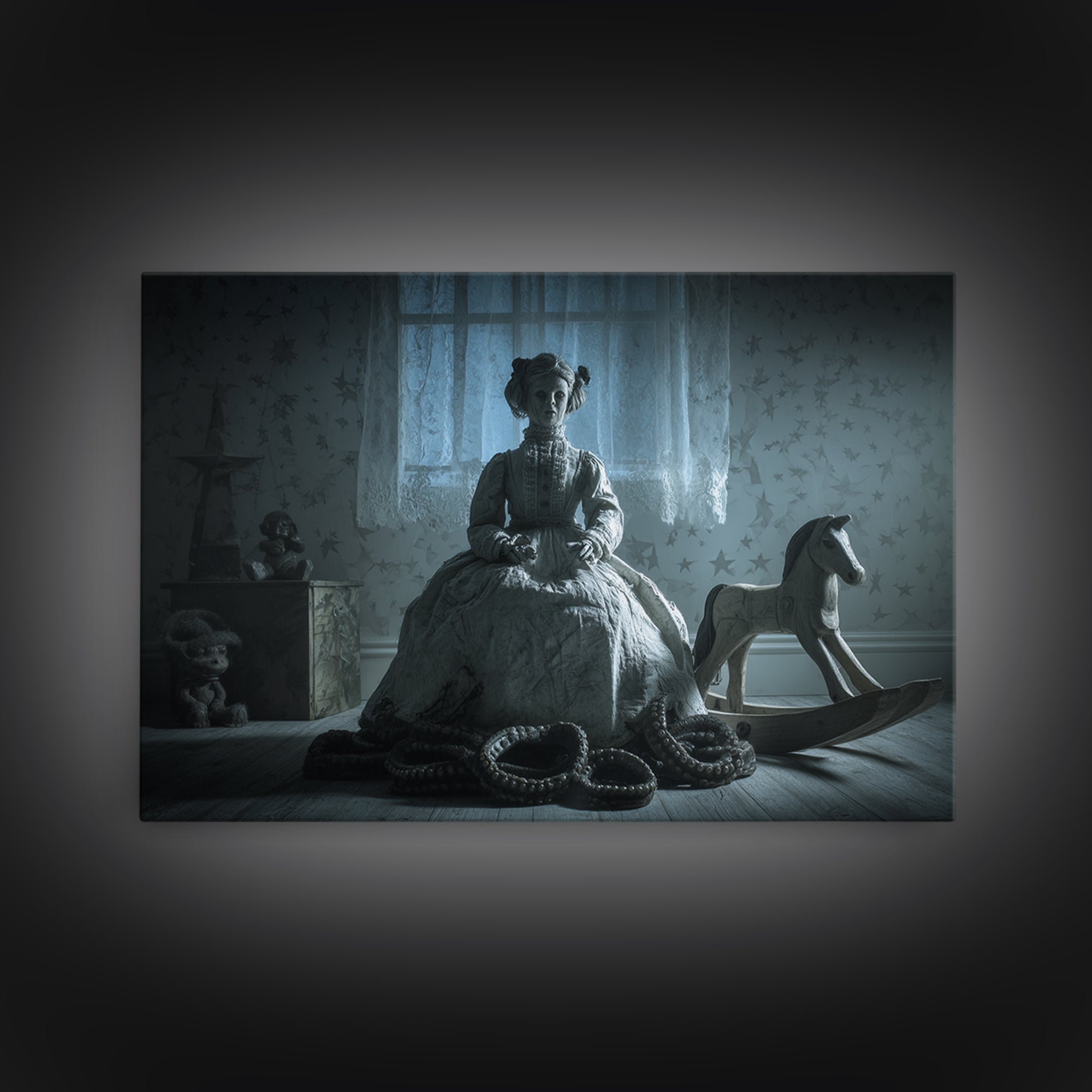 The Doll From Beyond The Void, Landscape Wall Art, Eldritch Gothic Decor, Framed Canvas Print, Halloween Wall Decor, Gothic Home Decor