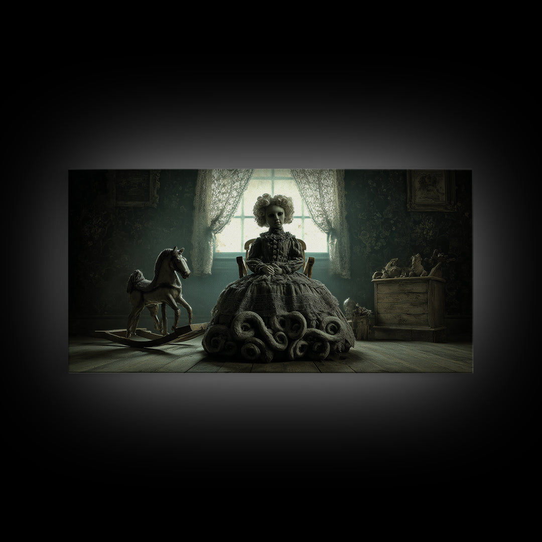 The Doll From Beyond The Void, Wide Panoramic Art, Dark Fantasy Wall Art, Canvas Print, Halloween Wall Decor, Gothic Home Decor