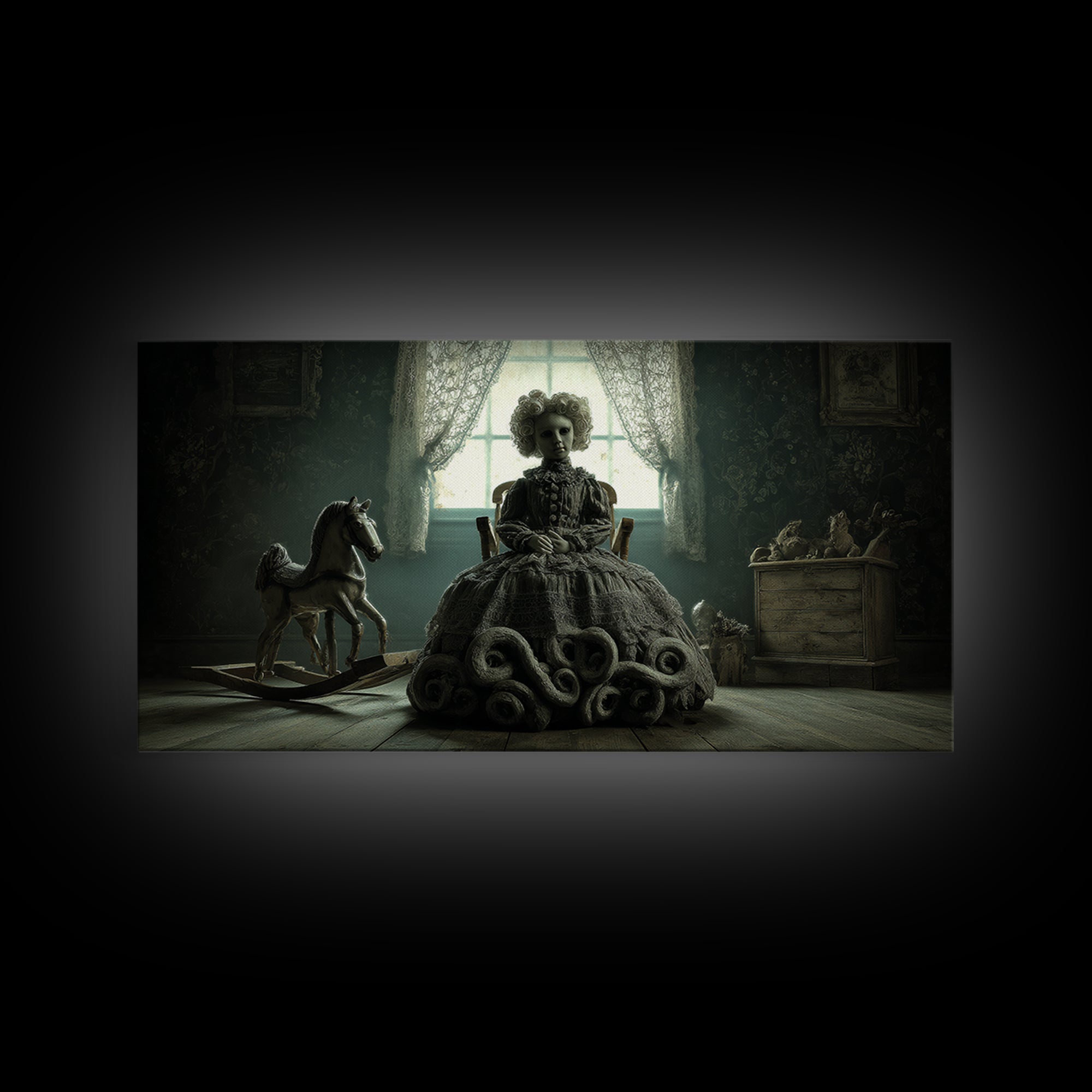 The Doll From Beyond The Void, Wide Panoramic Art, Dark Fantasy Wall Art, Canvas Print, Halloween Wall Decor, Gothic Home Decor