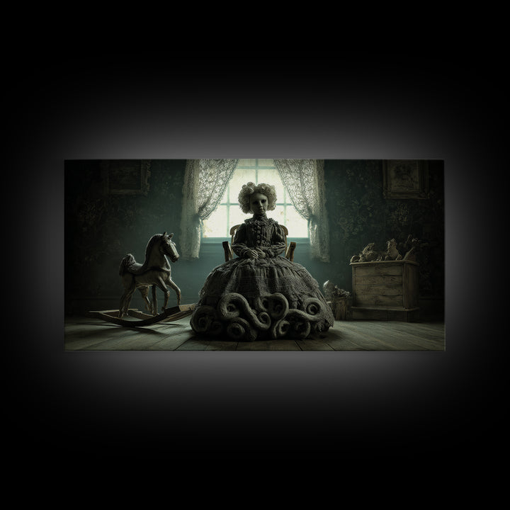 The Doll From Beyond The Void, Wide Panoramic Art, Dark Fantasy Wall Art, Canvas Print, Halloween Wall Decor, Gothic Home Decor
