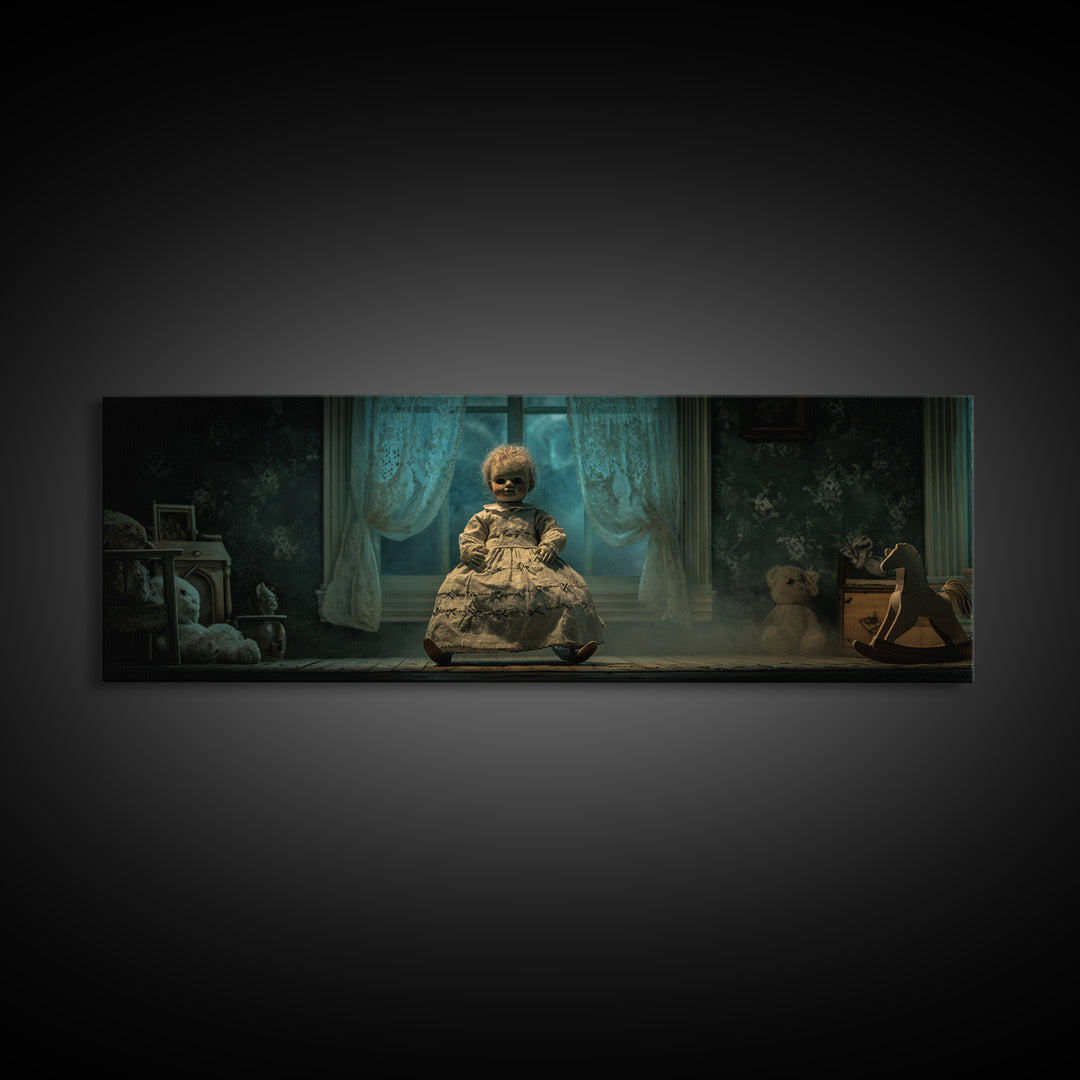 The Doll From Beyond The Void, Extra Wide Wall Art, Spooky Home Decor, Framed Canvas Print, Halloween Wall Decor, Gothic Home Decor