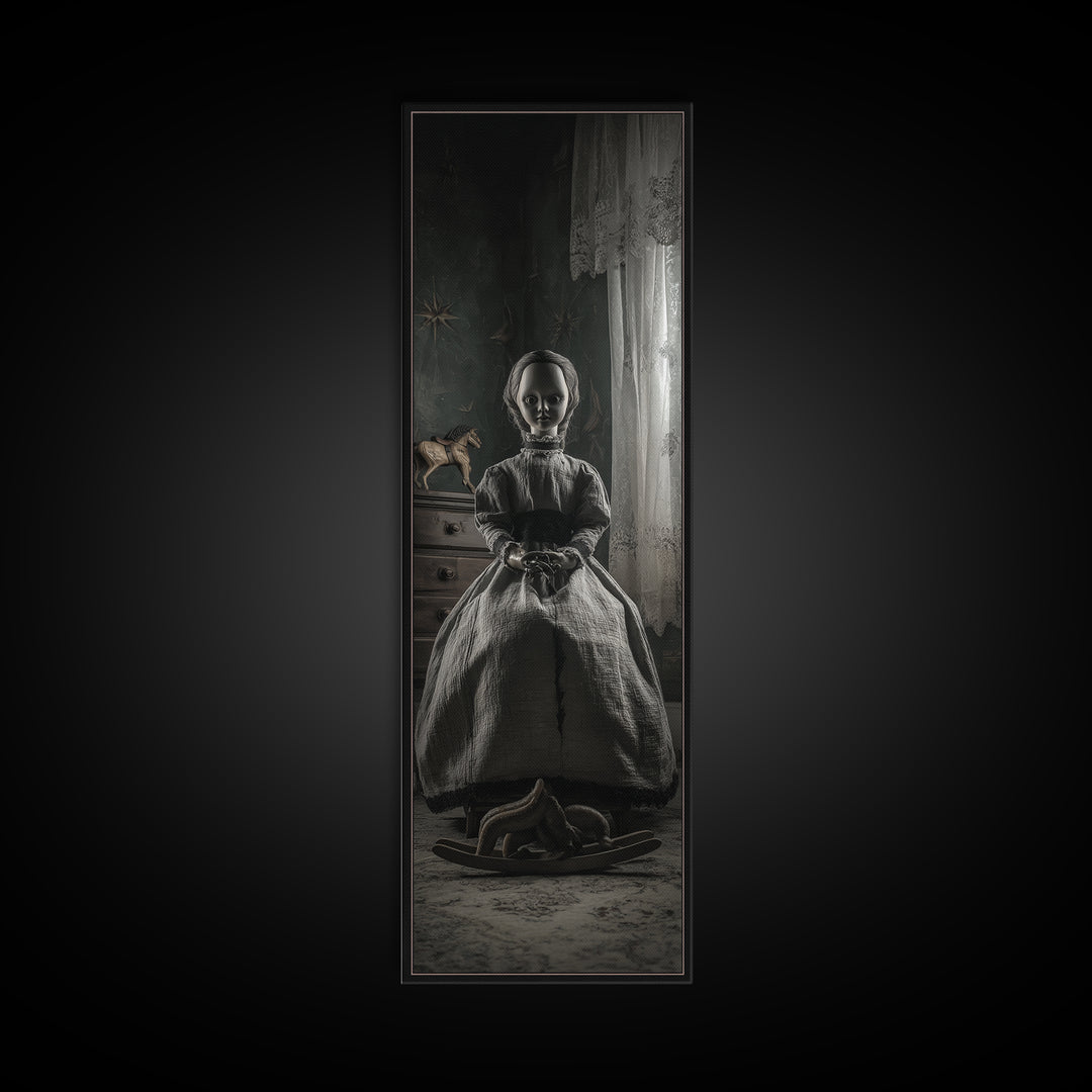 The Doll From Beyond The Void, Tall Narrow Wall Art, Lovecraftian Horror Art, Framed Canvas Print, Halloween Wall Decor, Gothic Home Decor