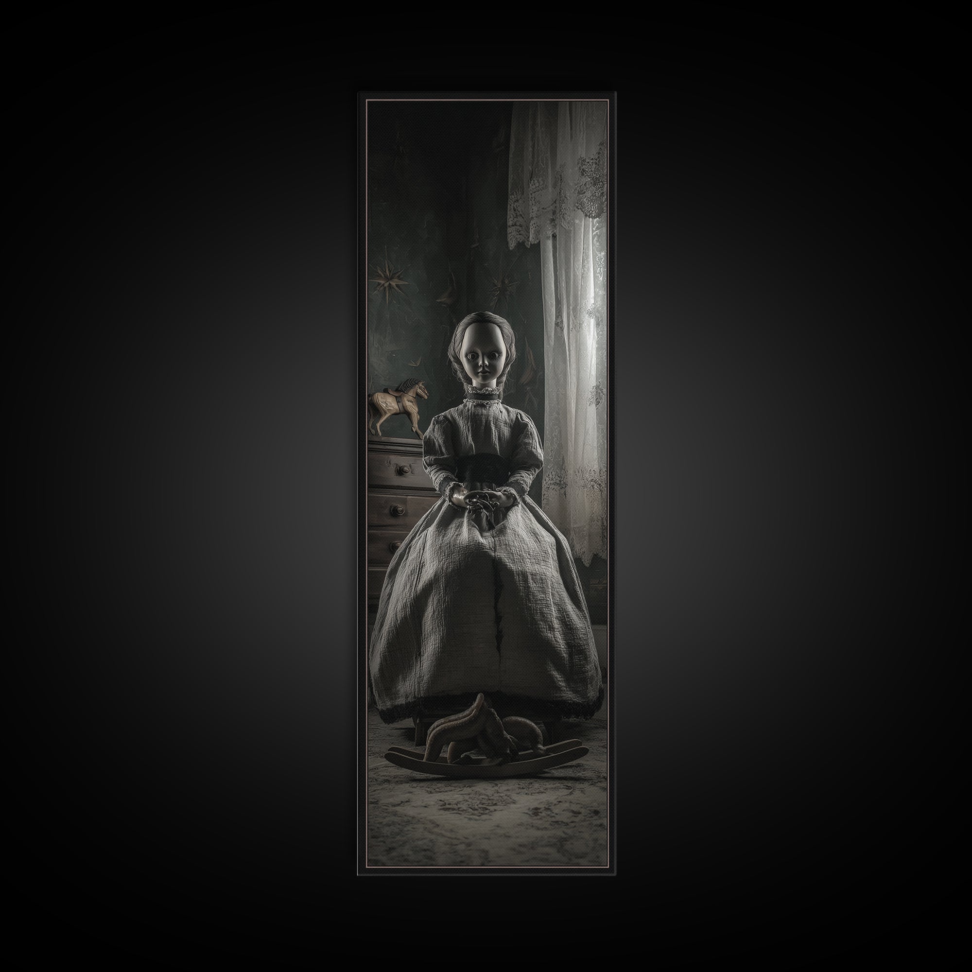 The Doll From Beyond The Void, Tall Narrow Wall Art, Lovecraftian Horror Art, Framed Canvas Print, Halloween Wall Decor, Gothic Home Decor